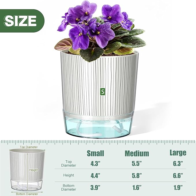 Self Watering Pots for Indoor Plants, 4 and 5.3 Inch, Plastic, Black Stripes, Round, Modern, Tabletop