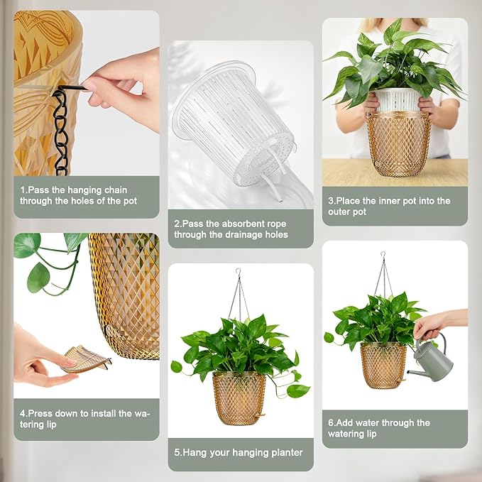 QCQHDU Self Watering Hanging Pots, 2 Pack 5.7 Inch Hanging Planters for Plants Indoor, Flower Pots with Drainage Holes and 3 Hooks Chains for Garden Home (Gold)