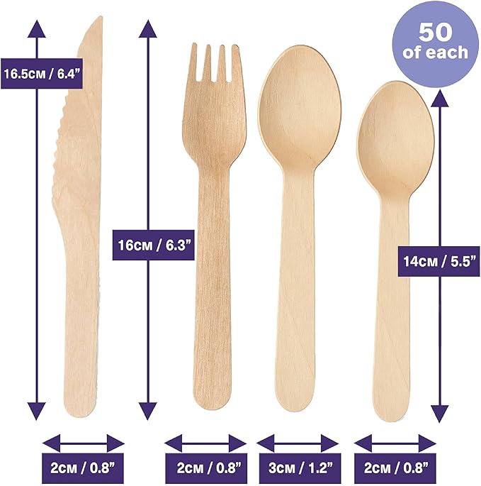 MATANA 200 Pack 100% Natural Disposable Wooden Cutlery Set (50 Forks, 50 Knives, 50 Spoons, 50 Dessert Spoons) Recyclable Compostable Silverware, Biodegradable Bamboo Utensils for Garden Parties
