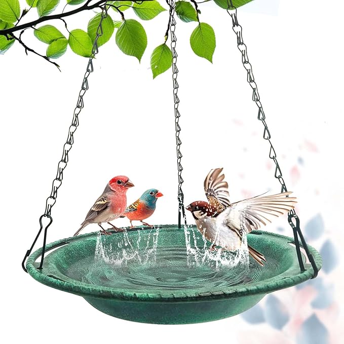 Hanging Bird Bath & Feeder Bowl, 12 in Outdoor Bird Bath with Chains, Backyard Garden Decor, Durable Weather-Resistant PP, Antique Green – 1 Pack