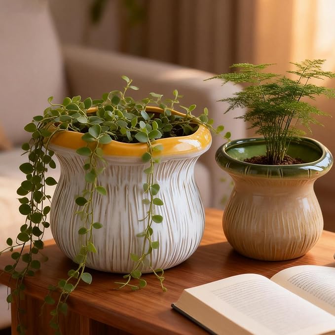 2 Pack Ceramic Plant Pots with Drainage Hole, Two-Tone Textured Planters for Indoor Outdoor Plants, Small Decorative Flower Pots for Succulents Herbs Houseplants