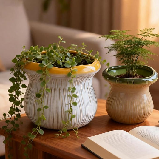 2 Pack Ceramic Plant Pots with Drainage Hole, Two-Tone Textured Planters for Indoor Outdoor Plants, Small Decorative Flower Pots for Succulents Herbs Houseplants