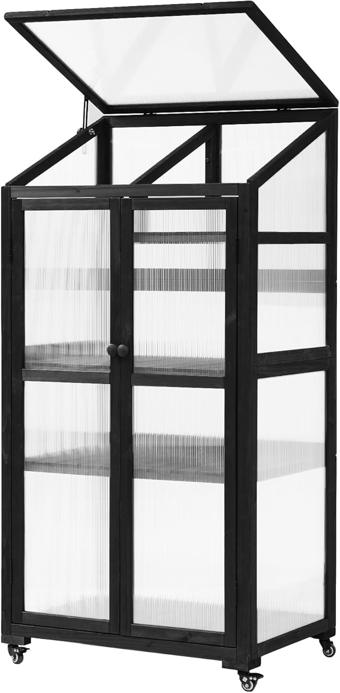 62'' H Wood Greenhouse for Outdoors, Portable Cold Frame Greenhouses with Wheels & Adjustable Shelves for Indoor, Garden, Patio Balcony,Easy Assembly,Black