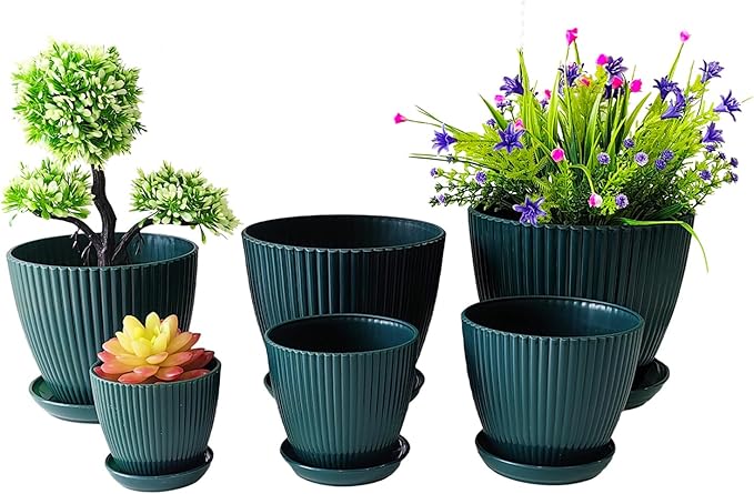 RooTrimmer 7.5/6.5/5.5/4.9/4.2/3.5 Inch Plant Pots with Saucers & Drain Holes - Indoor/Outdoor Flower Pots for Succulents, Herbs, Cactus - Modern Lightweight Durable Planter Set, Dark Green