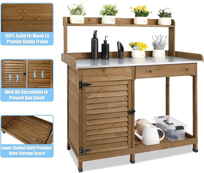 Ketive Outdoor Garden Potting Bench Table, 41" L Wooden Potting Table Work Bench for Horticulture, Waterproof Workstation Table with Metal Tabletop/Cabinet/Drawer/Open Shelf (Brown)