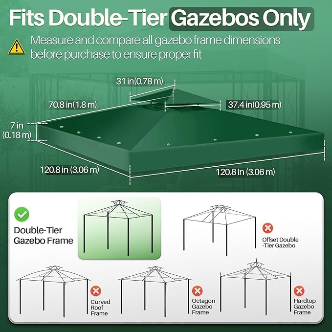 Flexzion Gazebo Cover Replacement Canopy Top 10x10 Ft (3m x 3m) - Double Tier Top Canopy Cover Replacement with UV30+, Dirt, Water Resistant for Outdoor, Sunshade, Garden, Patio, Pavilion (Green)