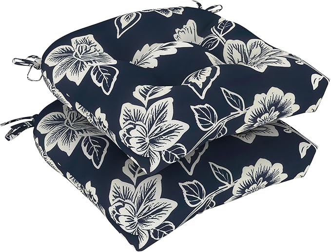 DYTXIII Set of 2 Outdoor Chair Cushions 19"x19"x4", Water Repellent Tufted Patio Seat Cushions with Ties, Thick Replacement Pads for Wicker Dining Chairs, Patio Furniture, Vines Navy