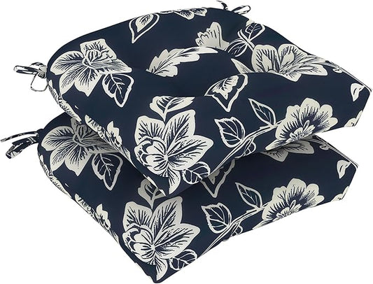 DYTXIII Set of 2 Outdoor Chair Cushions 19"x19"x4", Water Repellent Tufted Patio Seat Cushions with Ties, Thick Replacement Pads for Wicker Dining Chairs, Patio Furniture, Vines Navy