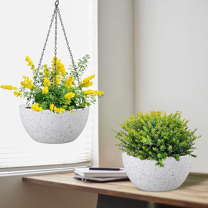 Meowell 10 inch Hanging Planters for Indoor Outdoor Plants, 2 Pack Hanging Flower Pots with Drainage Holes and Chain for Garden Porch, Plastic Hanging Baskets for House Plants, Speckled White