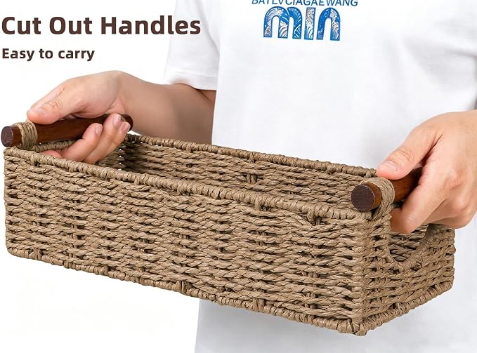 CubesLand Small Wicker Toilet Basket Tray Organizer W/Cut Out Handle | Handwoven Slim Decorative Basket for Countertop Shelf, And for Rustic Home Decor, Living Room, Nursery Organization, Neutral
