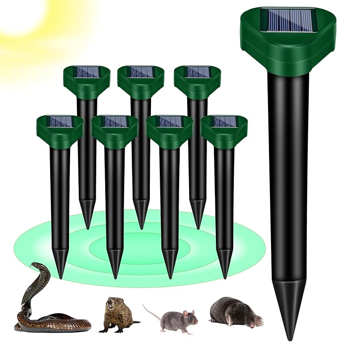 8Pack Rat Mole Repellent for Lawns, Solar Ultrasonic Groundhog Chipmunk Repeller Outdoor, Gopher Snake Repellent for Yard, Sonic Rodent and Vole Deterrent Spikes for Squirrel Armadillo Garden