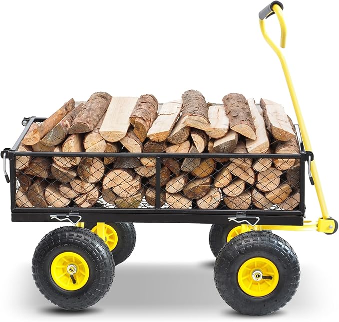 Heavy Duty 600 Lbs Capacity Garden Wagon Cart with Inflatable Tires, Utility Dump Cart for Firewood, Yard Debris & Gardening Transport, 37" L x 19" W x 40" H, Black