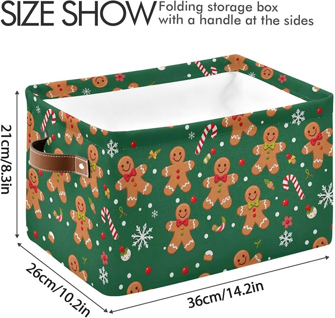 Christmas Gingerbread Man Storage Basket with Waterproof Liner and PU Handles Green Winter Cane Candy Snowflake Storage Boxes 14.2" Collapsible Decorative Organizer Baskets for Bedroom Closet 2 Pack