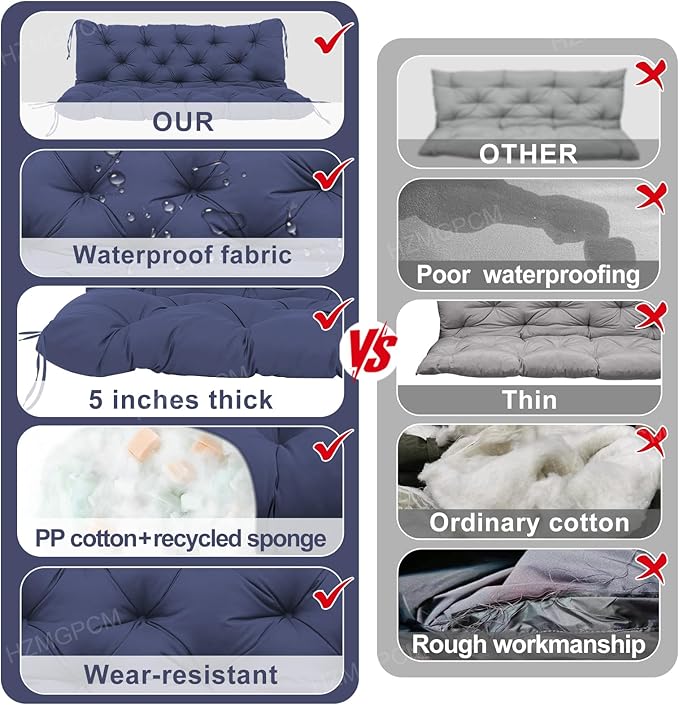 Premium 5" Thick Waterproof Outdoor Swing Cushions 3 Seater Sturdy Durable Porch Cushions 58 inch with Backrest&Ties Swing Cushions for Outdoor Furniture Backyard (Navy Blue, 58x40x5inches)