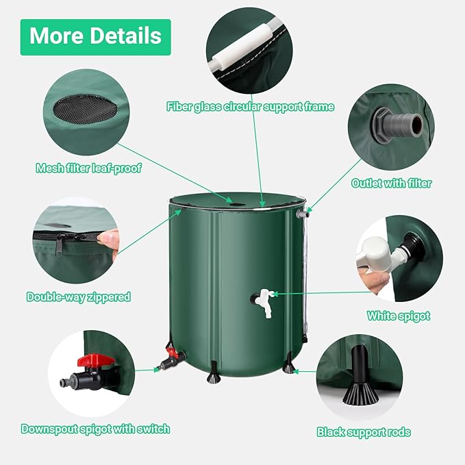 FAMIROSA 50 Gallon / 200L Rain Barrel, Collapsible Rain Barrels to Collect Rainwater from Gutter with Spigots and Overflow, 500D PVC Portable Rain Water Collection Catching System, Water Catcher Tank