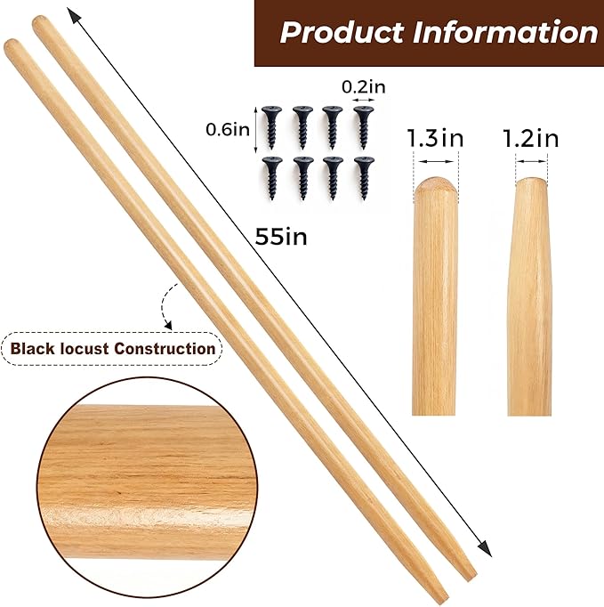 55 Inch Black Locust Shovel Handle Replacement - Extra Long Hardwood Handle for Shovel, Rake, Hoe, Pitch Fork, Digging Fork & Broad Fork Garden Tools,1.4inch Diameter（2pcs