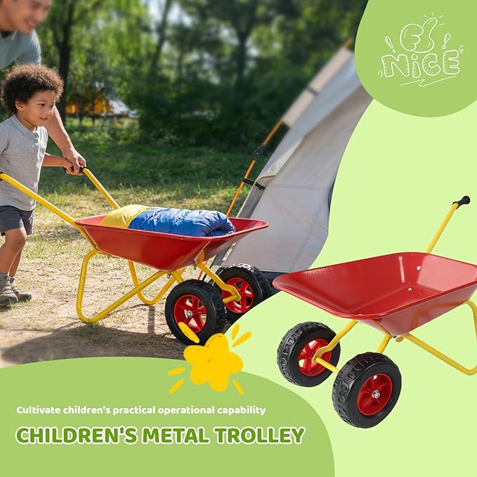 Kids Metal Wheelbarrow with Single Wheel,Children Garden Cart with Steel Tray and Non-Slip Handles, Sturdy Outdoor Yard Toy for Toddlers, Ideal for Sand, Leaves, and Soil (Red-Two-Wheel)
