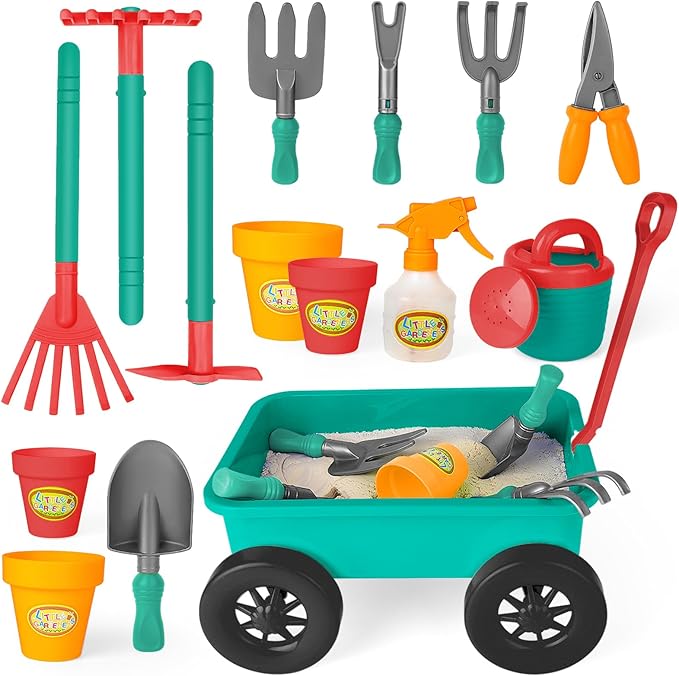 deAO Kids Garden Wagon Wheelbarrow and Gardening Tools Play Set Includes 10 Accessories and 4 Plant Pots,Great Outdoor Toddler Toys Kids Gardening Set
