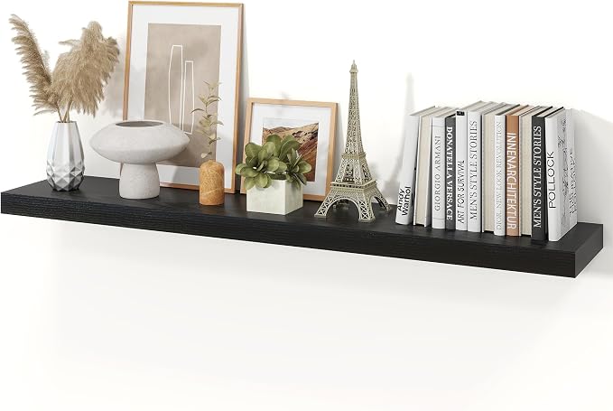 48" Black Floating Shelves Wood Wall Shelf, Black Color, Set of 1 | Wall Mounted Wood Shelves, For Bathroom, Bedroom, Living Room, Kitchen, Hanging Shelf for Books/Storage/Room Décor