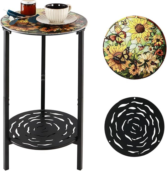 2-Tier Metal Round Side Table Black Accent Coffee Tables Small Space Corner Plant Stand Shelf for Indoor Outdoor Use Patio Balcony End Table Flower Print Weather-Resistant