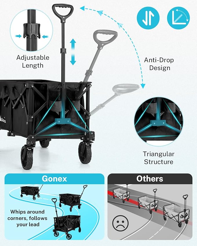 Gonex 220L Collapsible Foldable Wagon Cart with 360lbs Weight Capacity, 38''L Folding Utility Garden Cart with Detachable Wheels for Grocery Sports Shopping Camping - Black