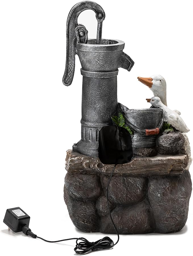 Glitzhome 23.5" Outdoor Duck Fountain with LED Light & Pump, Freestanding 2 Tier Weather-Resistant Patio Fountains Waterfall, Farmhouse Duck Family Sculpture Water Fountain for Backyard Lawn Decor