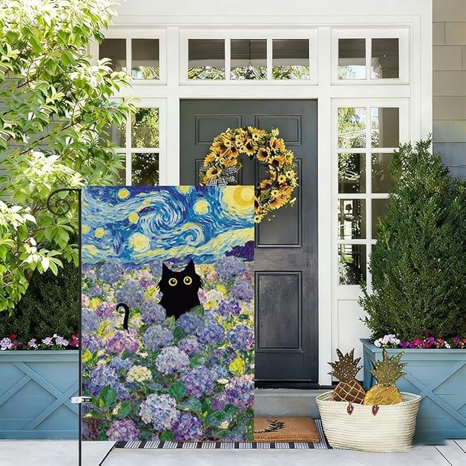 Baccessor Spring Summer Cat Garden Flag 12.5x18 Inch Double Sided Burlap with Clip and Stopper, Hydrangea Flowers Flags Starry Night Yard Lawn Seasonal Farmhouse Outside Outdoor Decoration