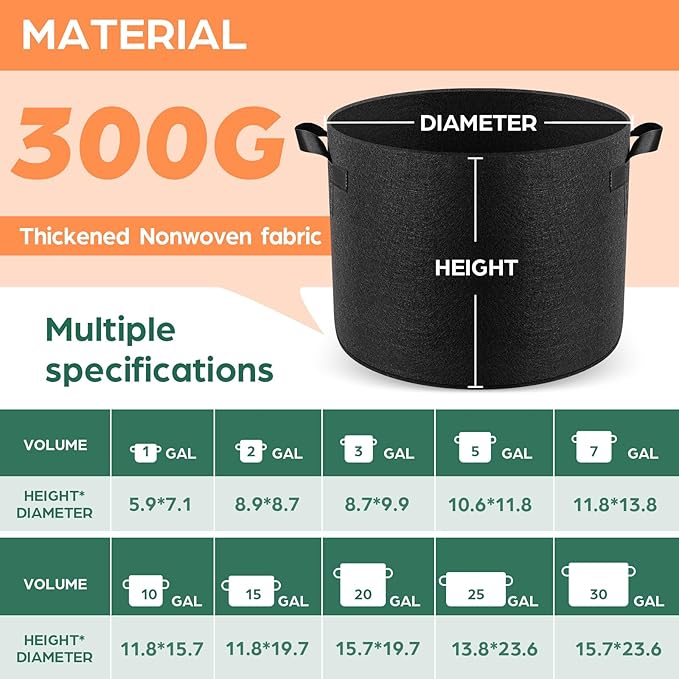 Jorvila 5 Pack 2 Gallon Grow Bags, Thickened Nonwoven Fabric Planter Pots with Handles, Heavy Duty 300G Garden Pots for Tomato, Potato and Vegetable