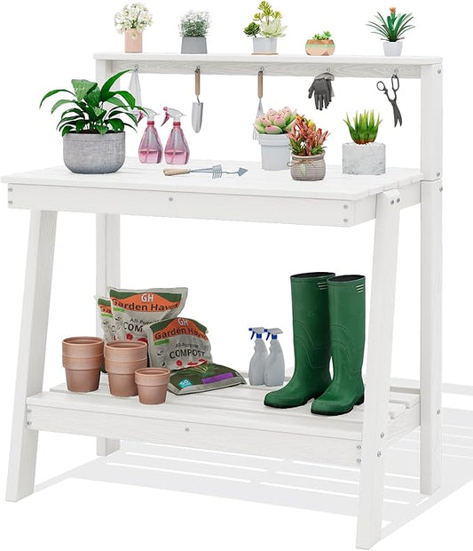 SERWALL Potting Bench Outdoor with Storage, 3-Tier HDPE Gardening Table with Angled Legs & Tool Hooks, All-Weather Heavy Duty Potting Table for Patio, Backyard, Garden,White