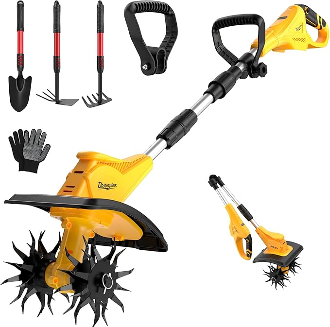 Cordless Electric Garden Tiller Cultivator Compatible with Dewalt 20V Battery(Tool Only), Folding Electric Rototiller Features 40 Steel Tines 310RPM, Yellow