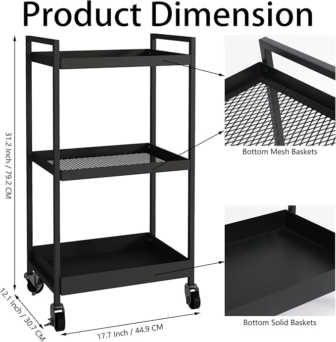 3-Tier Metal Utility Rolling Cart, Heavy Duty Multifunction Rectangular Cart with Lockable Casters, Easy to Assemble, Suitable for Office, Bathroom, Kitchen - Black