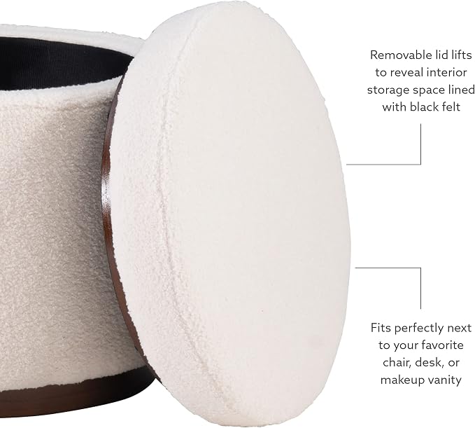 Linon Lexington Natural Sherpa Round Storage Ottoman with Wood Accent