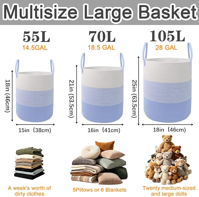 55L Woven Laundry Basket, Large Clothes Hamper with Handles- Blue