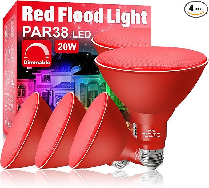 PAR38 Flood Red Light Bulbs,4 Pack Dimmable,E26 Base Red Flood Light Outoor(20W Replace to 200W),Halloween Light Bulb for Outside,Christmas,Holiday Lighting