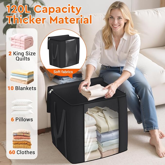 TasticTotes 120L Extra Large Blanket Clothes Storage Bags, Gray, 4 Pack