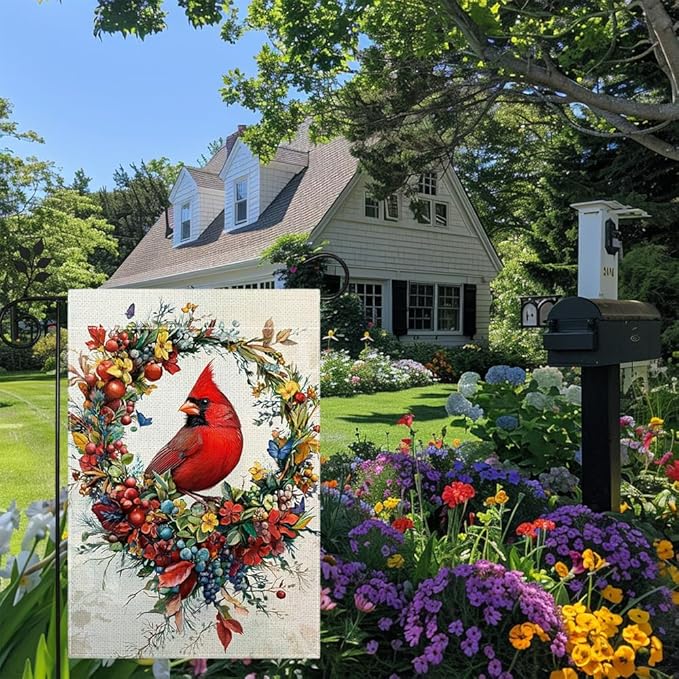 Spring Summer Cardinal Bird Garden Flag 12x18 Inch Double Sided, Welcome Yard Decor, Farmhouse Outdoor Flag for Lawn Patio Porch