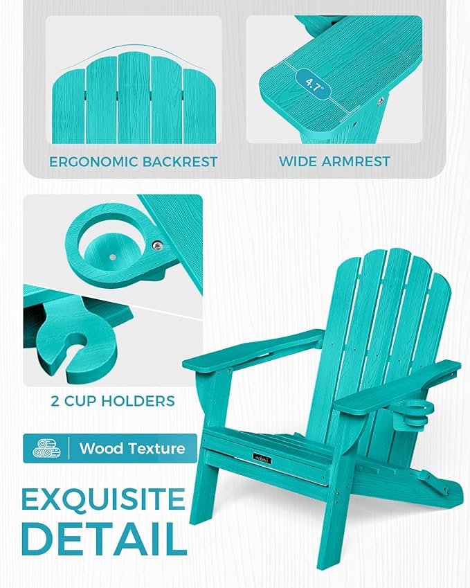 Folding Adirondack Chair, HDPE Adirondack Chair with 2 Cup Holders, Pre-Assembled Outdoor Fire Pit Chairs for Patio, Garden, Poolside, Lakeblue