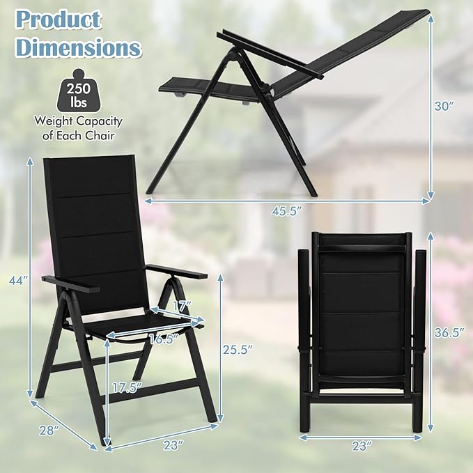 Tangkula Patio Folding Chair, Outdoor Dining Chairs with Soft Padded Seat, 7-Position Adjustable Backrest, Armrests, Portable Sling Reclining Chairs for Porch Pool Backyard Camping (1, Black)