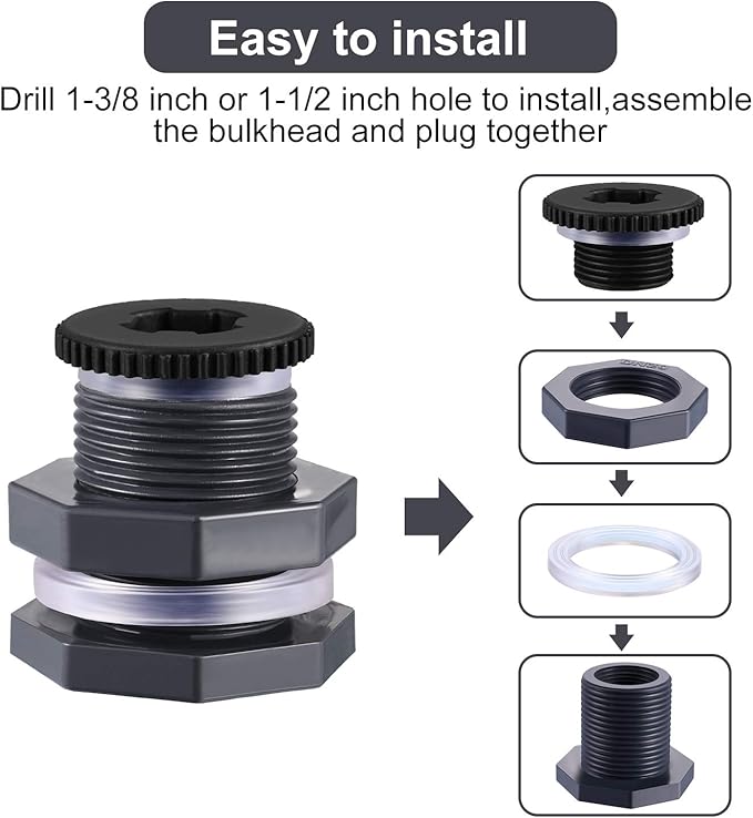 Outus 2 Pieces PVC Bulkhead Fitting with Plugs for Rain Barrels, Aquariums, Water Tanks, Tubs, Pools (3/4 Inch+4 mm Thick Silicon Seal Gaskett,Dark Grey)