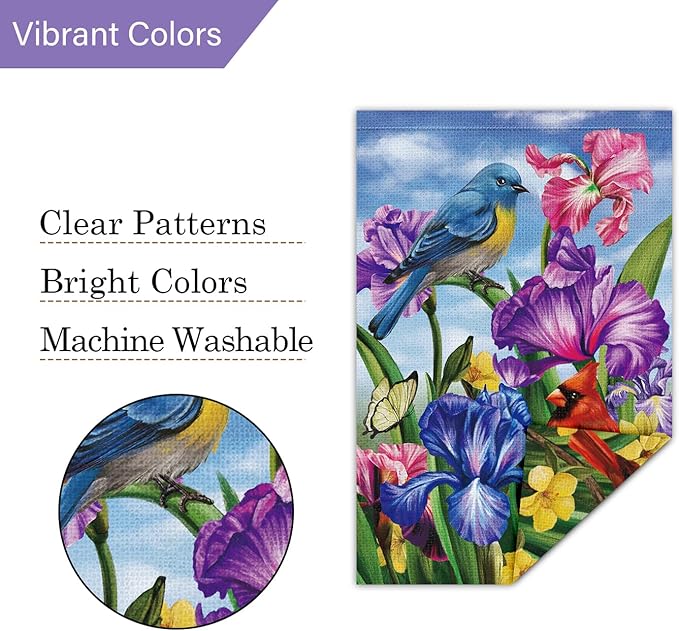 Louise Maelys Welcome Spring Summer Garden Flag 12x18 Double Sided Vertical, Burlap Small Cardinal Birds Irises Floral Yard House Outside Outdoor Seasonal Holiday Decoration