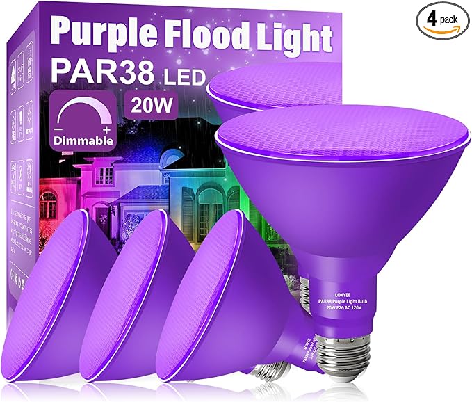 PAR38 Flood Purple Light Bulbs,4 Pack Dimmable,E26 Base Purple Flood Light Outoor(20W Replace to 200W),Halloween Light Bulb for Outside,Christmas,Holiday Lighting