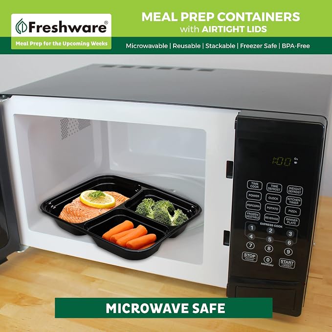 Freshware Meal Prep Containers [15 Pack] 3 Compartment with Lids, Food Containers, Lunch Box, BPA Free, Stackable, Bento Box, Microwave/Dishwasher/Freezer Safe (32 oz)
