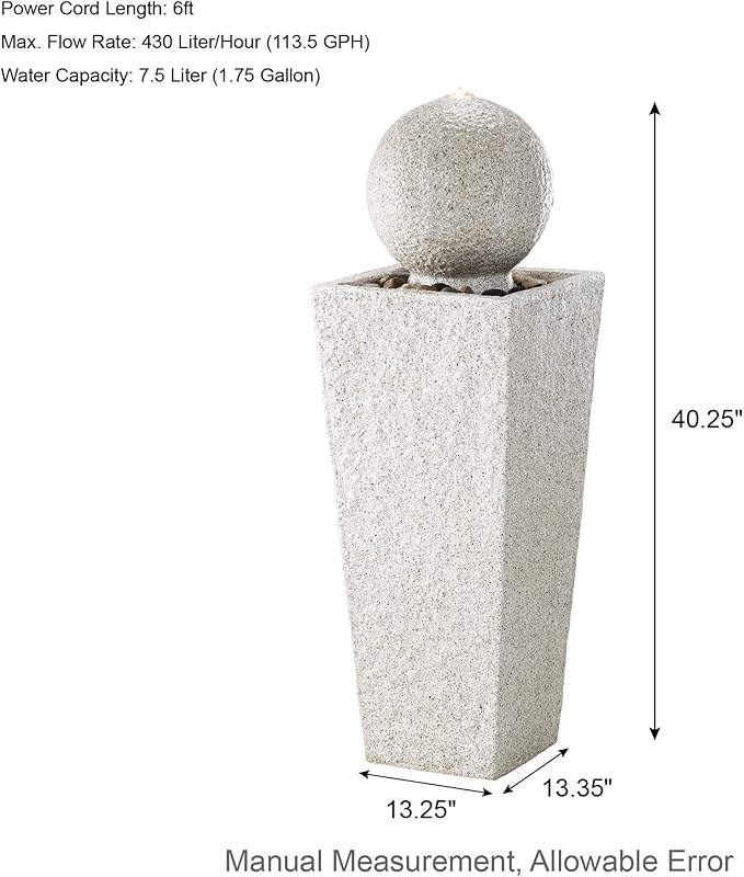 Glitzhome Outdoor Water Fountain, 40.25" H Modern Geometric Pedestal and Sphere Waterfall Fountain, Outdoor Fountain with Pebbles, Pump and LED Light, Garden Fountain for Patio, Backyard, Porch Decor