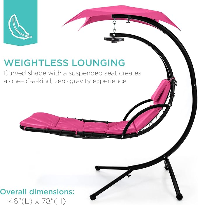 Best Choice Products Hanging LED-Lit Curved Chaise Lounge Chair Swing for Backyard, Patio, Lawn w/ 3 Light Settings, Weather-Resistant Pillow, Removable Canopy Shade, Steel Stand - Pink