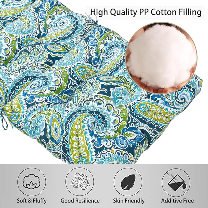 Magpie Fabrics Indoor Outdoor Tufted High Back Chair Cushion Set of 2, Waterproof All-Weather Deep Seating Rocking Chair Patio Chaise Lounge Sun Lounger Chair Cushions(Paisley Lapis Green)