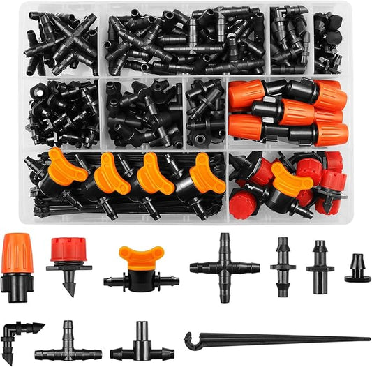 Drip Irrigation Fittings Kit for 1/4" Tubing, 220 Pcs Drip Line Connectors for Drip Systems - Valves, Nozzles, Micro Drips, Single barbs, 4 Way Cross, Tees, Couplings, End Plugs, Elbows, Hose Stakes