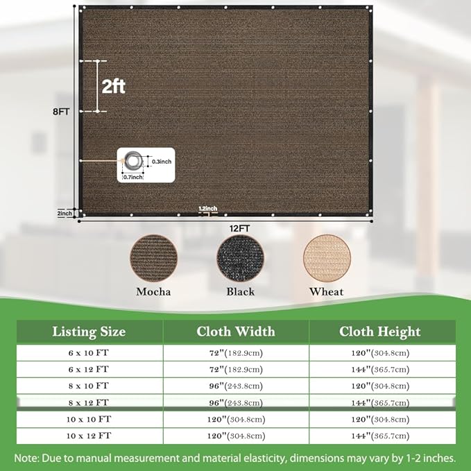 SEEYE 90% Sun Shade Cloth, 8 x 12 FT Durable Privacy Screen Shade Cover, Pergola Shade Cover with Grommets, UV Block Mesh Tarp for Plant Cover, Greenhouse, Patio, Chicken Coop, Balcony, Mocha