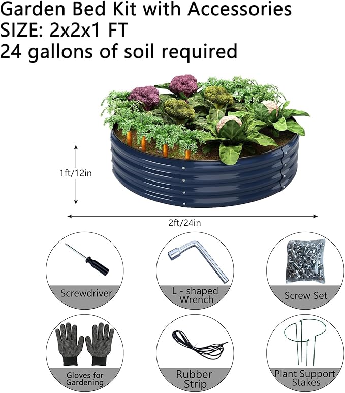 ZFHgarden Galvanized Metal Planter Round Raised Garden Bed Kit for Gardening Outdoor，2x2x1ft Grow Garden Box Raised Flower Bed，Round Galvanized Planter Outdoor Metal Fire Pit Ring