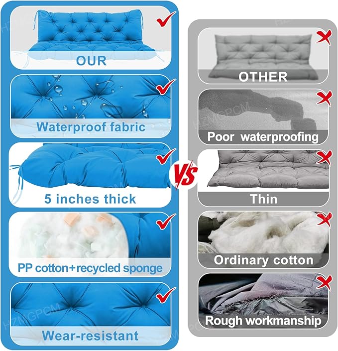 Premium 5" Thick Waterproof Porch Swing Cushions Sturdy Durable 2 Seat Replacement Outdoor Swing Cushions with Backrest&Ties Bench Cushion for Outdoor Furniture Backyard Patio Garden