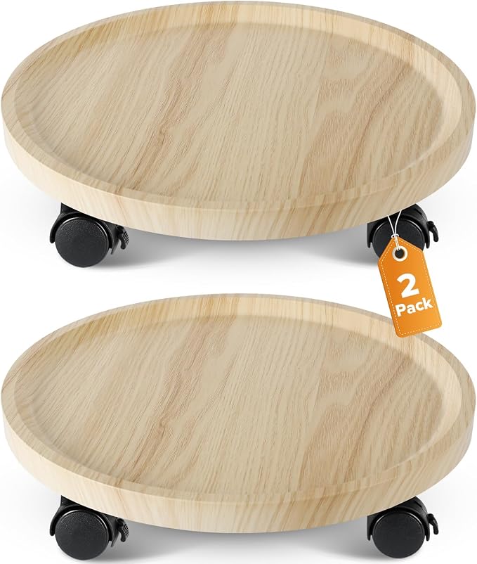 2 Pack Plant Caddy With Wheels, 14" Wood Rolling Plant Stand with 360° Lockable Wheels, Plant Stands Outdoor for Large Plants, Flower Cart Plant Dolly Plant Caster for Heavy Objects, Natural